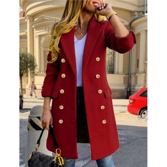 Women's Fall Winter Wool Coat Double Breasted Midi Peacoat Trench Coat - Picture 2 of 6